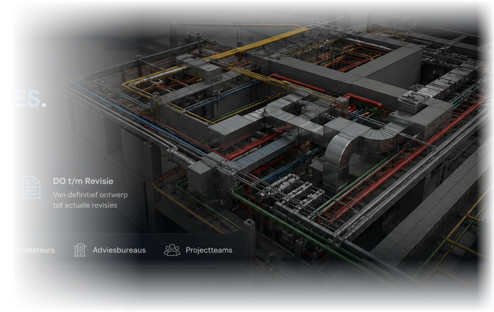 3D BIM-model van een gebouw met zichtbare technische installaties